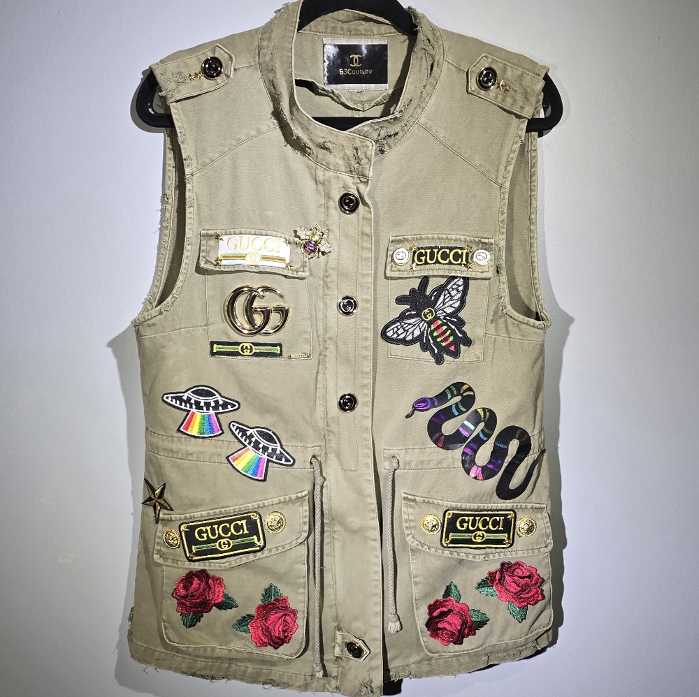 Military vest, army green, upcycled into a designer vest inspired by GG patches